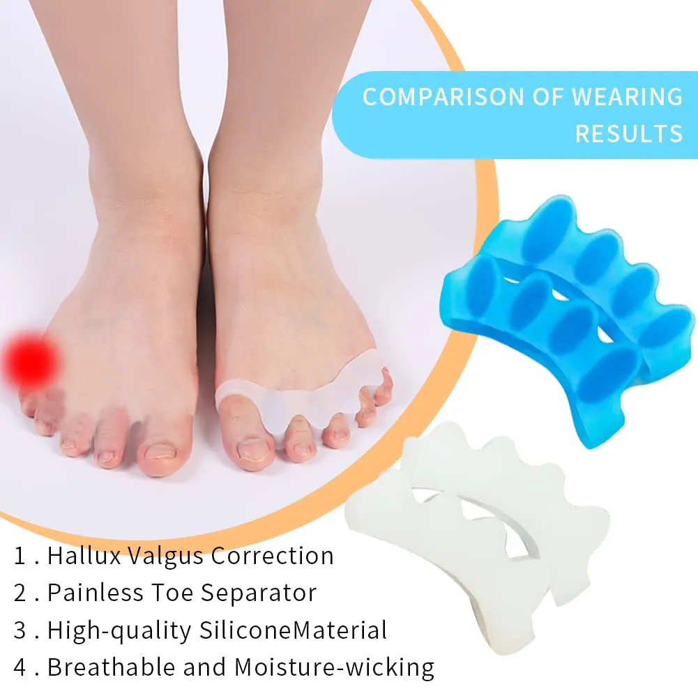 2Pair Toe Separators, Soft Gel Spacers, Toe Straighteners for Therapeutic Relief from Plantar Fasciitis, Hammer Toes, Claw Toes, Overlapping Toes - (Blue and Clear)