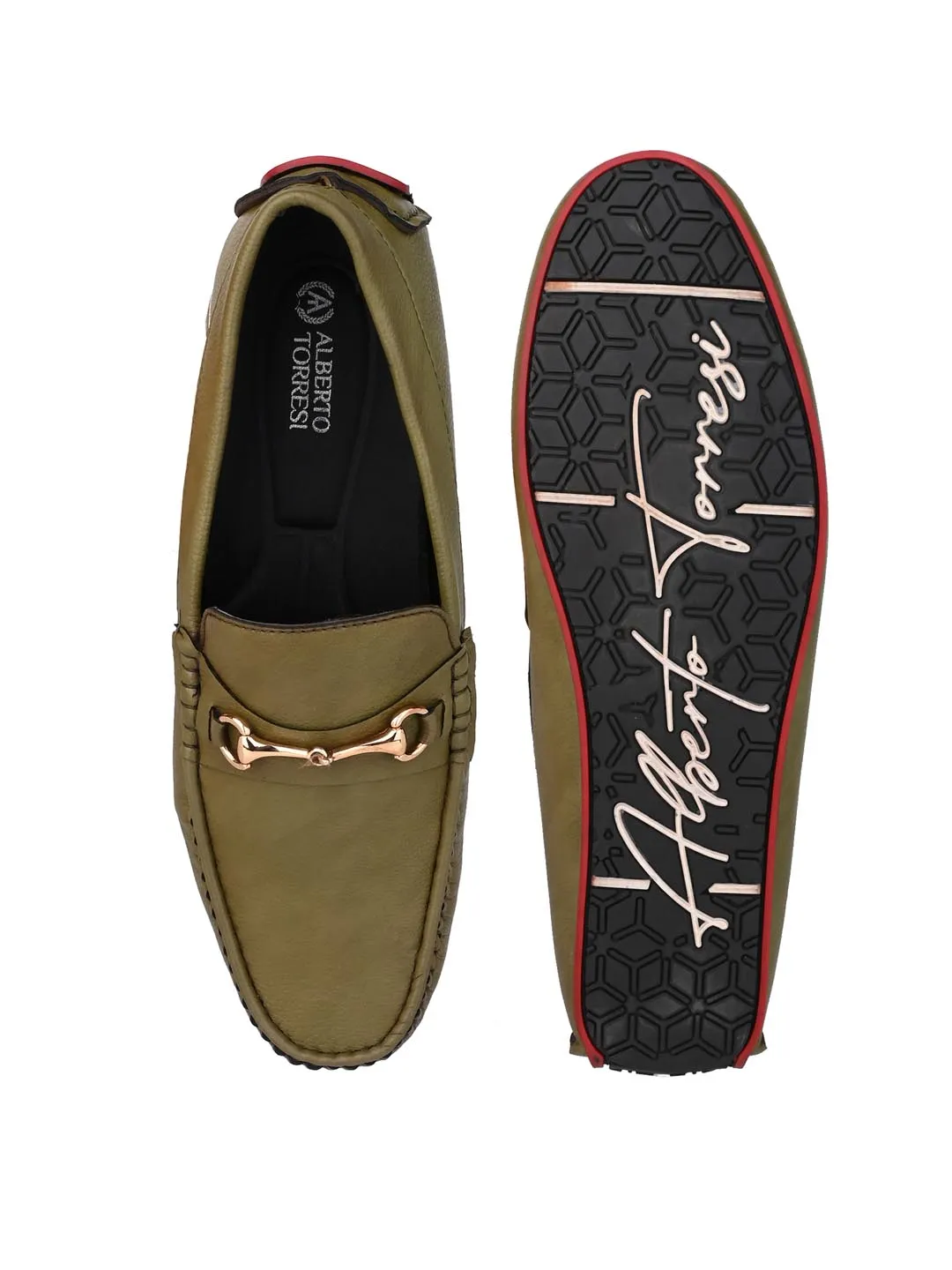 Alberto Torresi Green Round Toe Loafers With Metal Accent