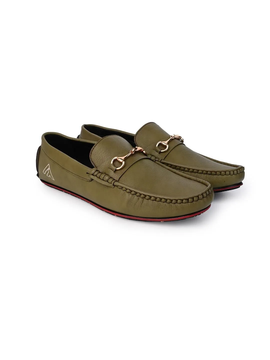 Alberto Torresi Green Round Toe Loafers With Metal Accent