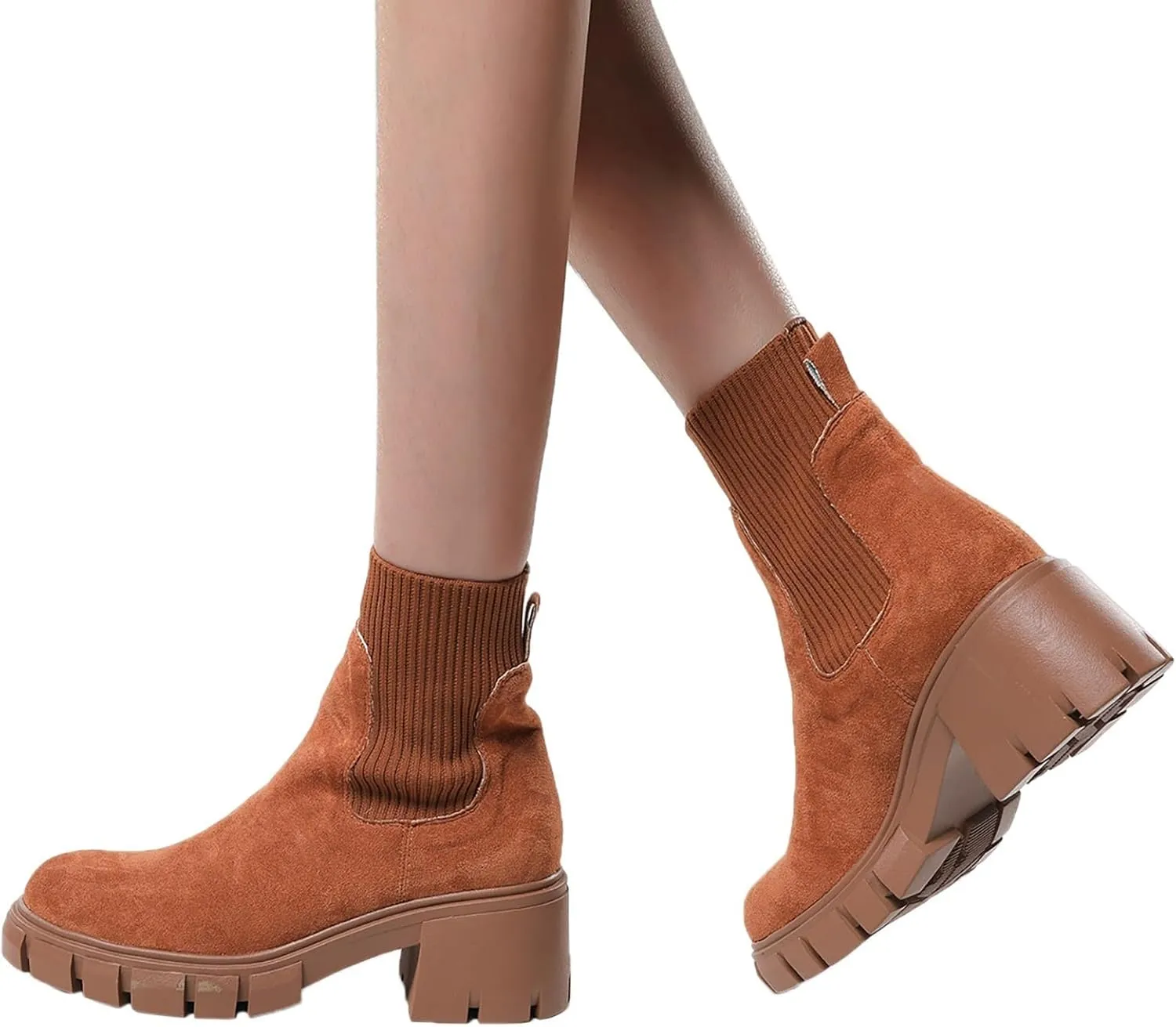 Ankle Boots for Women, Women's Elastic Chelsea Boots Chunky Block Heel Platform Sole Non-Slip Combat Ankle Booties