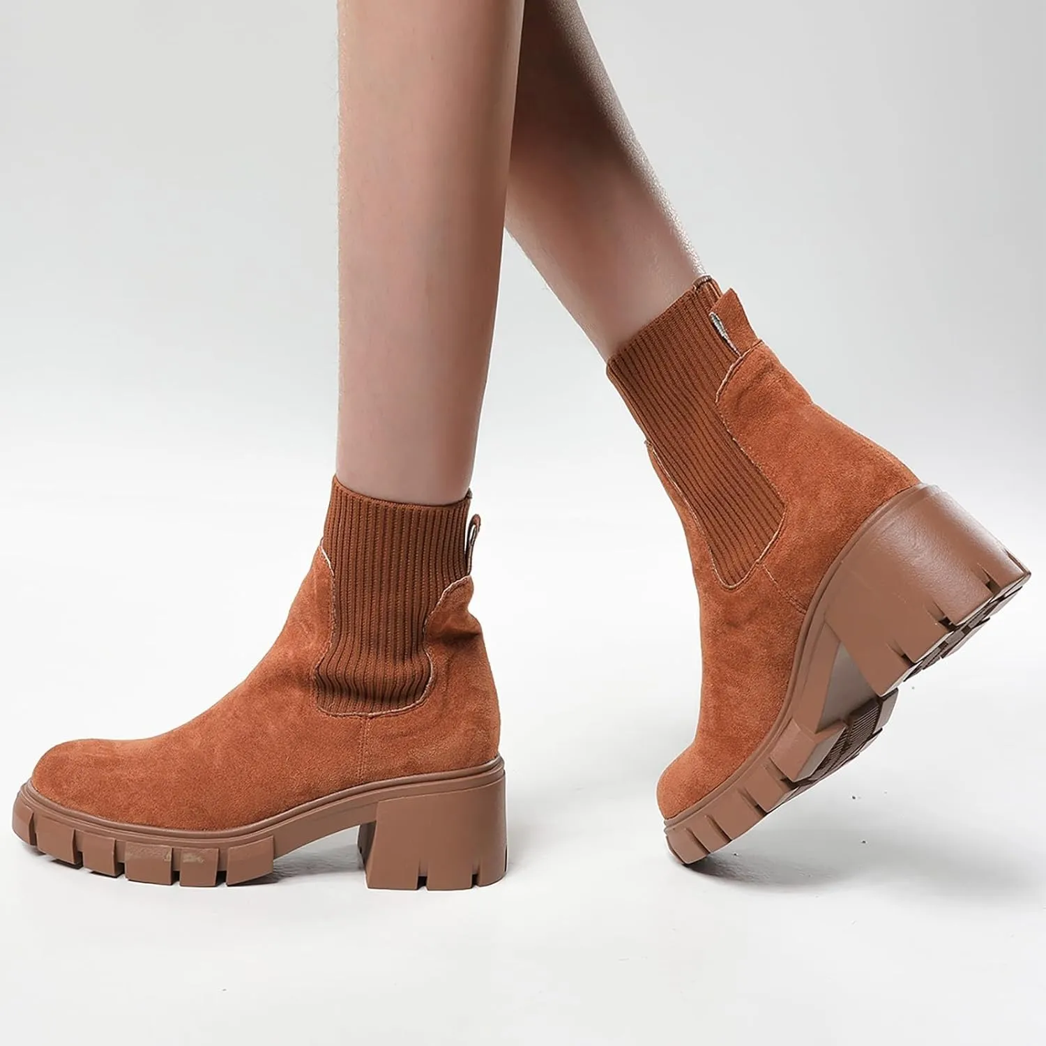 Ankle Boots for Women, Women's Elastic Chelsea Boots Chunky Block Heel Platform Sole Non-Slip Combat Ankle Booties
