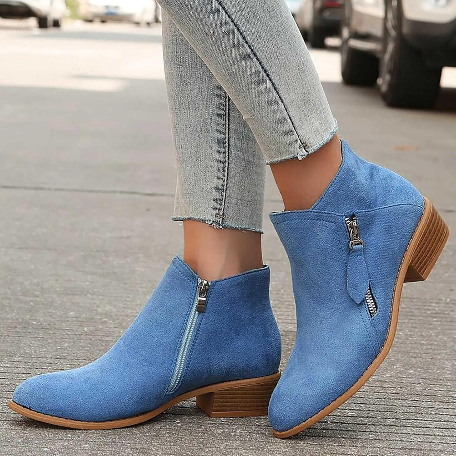 Ankle Boots for Women Women's Suede Chelsea Ankle Fashion Boots Pointed Toe Low Chunky Stacked Heel On Both Side Zipper Booties