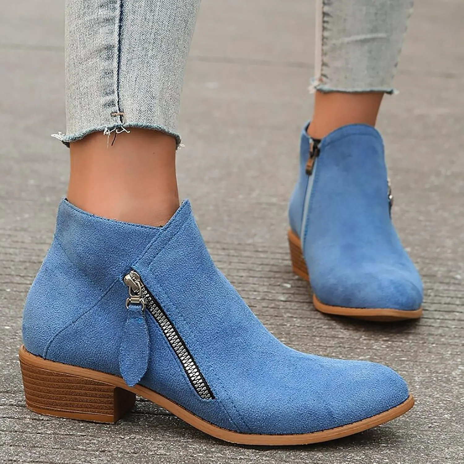 Ankle Boots for Women Women's Suede Chelsea Ankle Fashion Boots Pointed Toe Low Chunky Stacked Heel On Both Side Zipper Booties