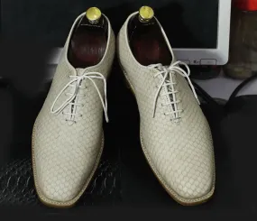 Awesome Men's Handmade Cream Python Textured Leather Lace Up Shoes, Men Fashion Party Formal Dress