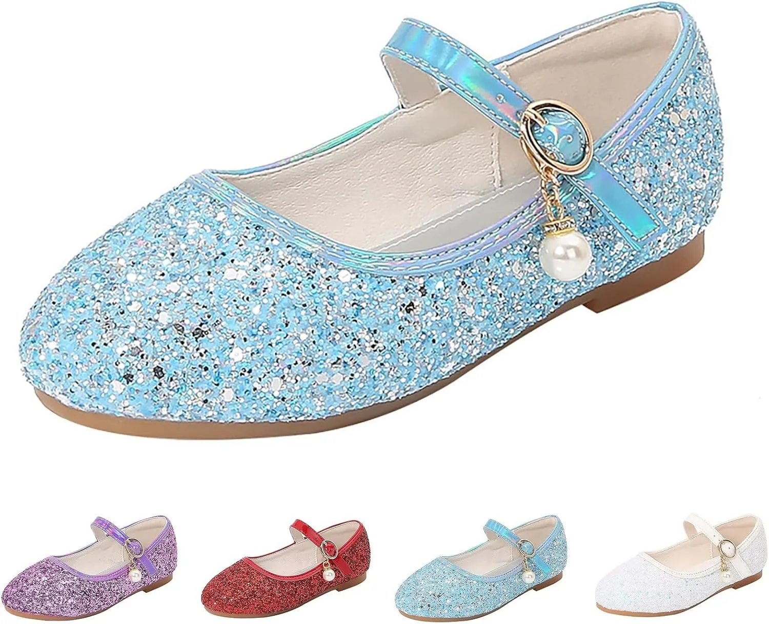 Baby Girls Pearl Sequins Sandals Low Heel Fancy Glitter Strap Ankle Shoes Kids Toddler Formal Wedding Closed Toe Sandals