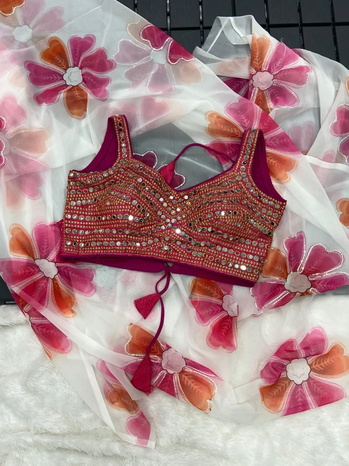 Beautiful Soft Georgette Digital Floral Printed With Sequins  Wrap in 1 minute saree & ornate mirror work blouse