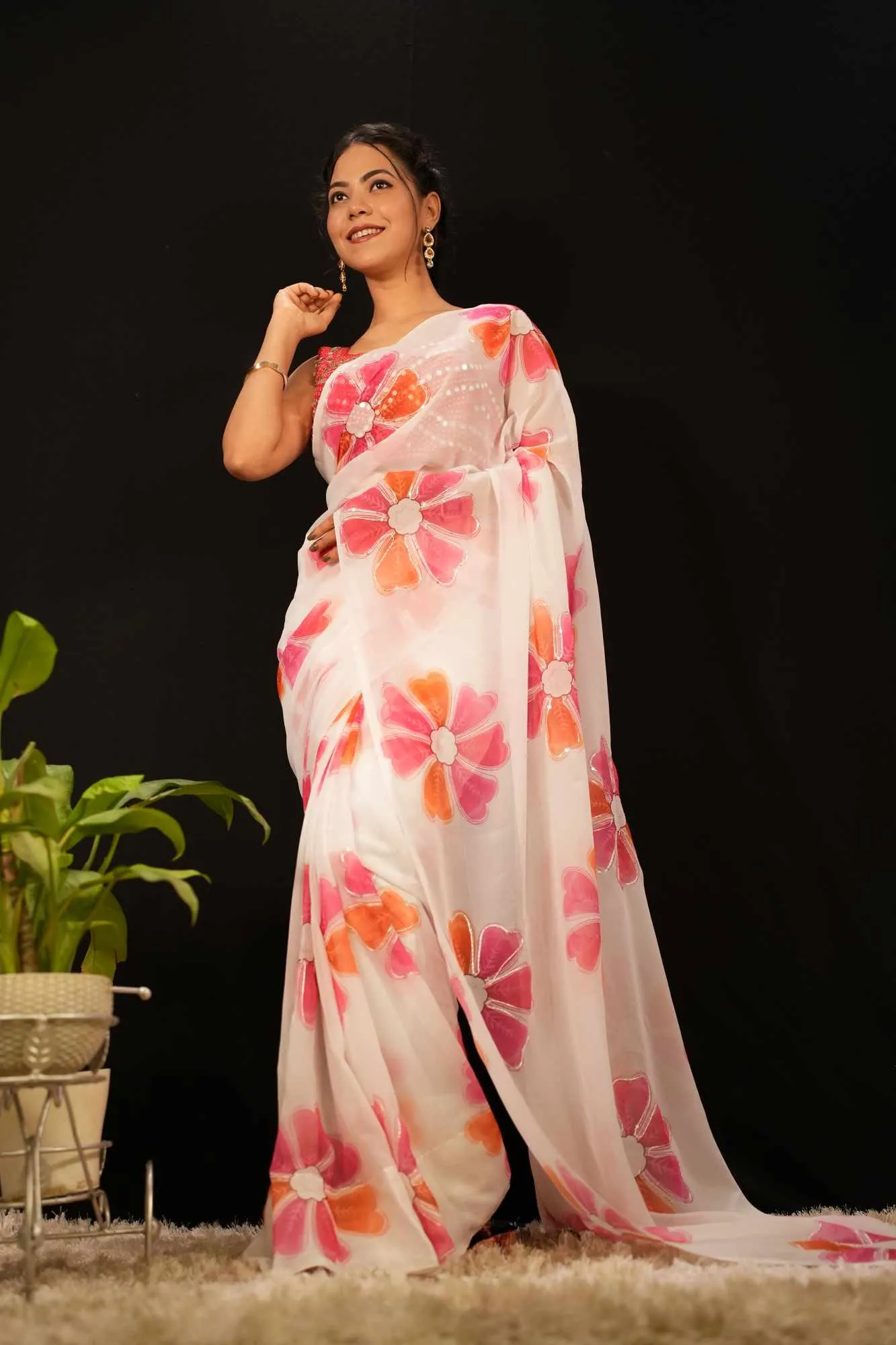 Beautiful Soft Georgette Digital Floral Printed With Sequins  Wrap in 1 minute saree & ornate mirror work blouse
