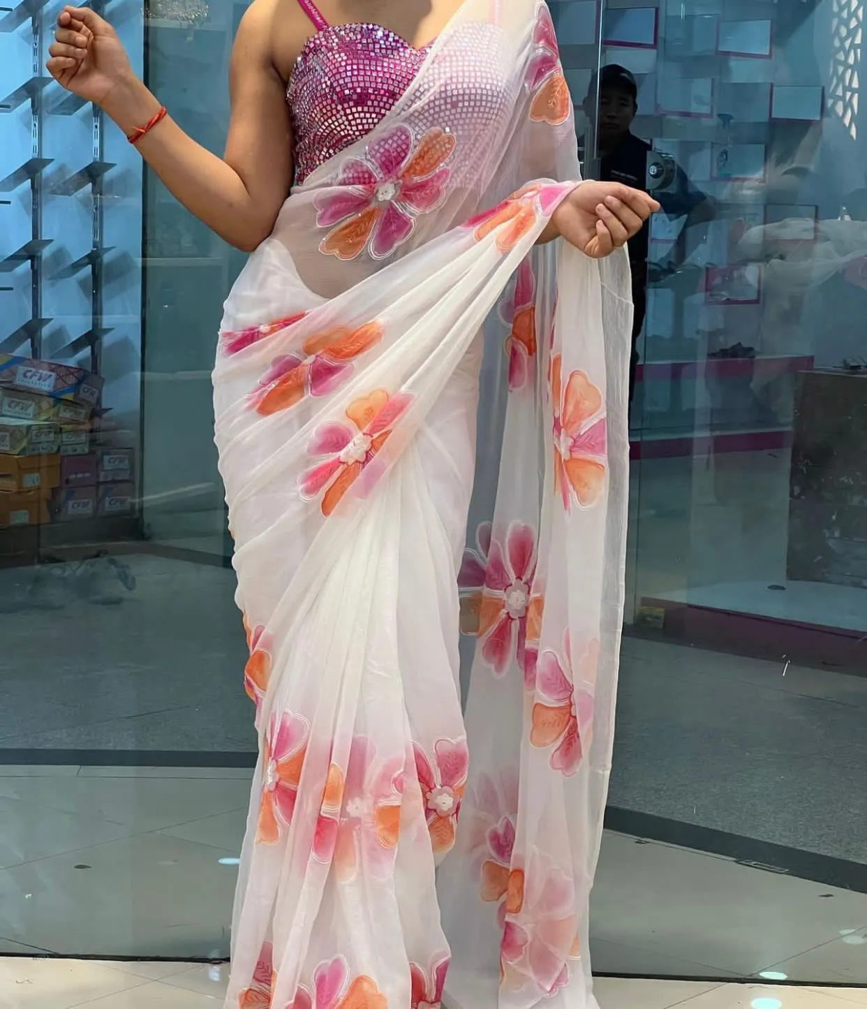 Beautiful Soft Georgette Digital Floral Printed With Sequins  Wrap in 1 minute saree & ornate mirror work blouse