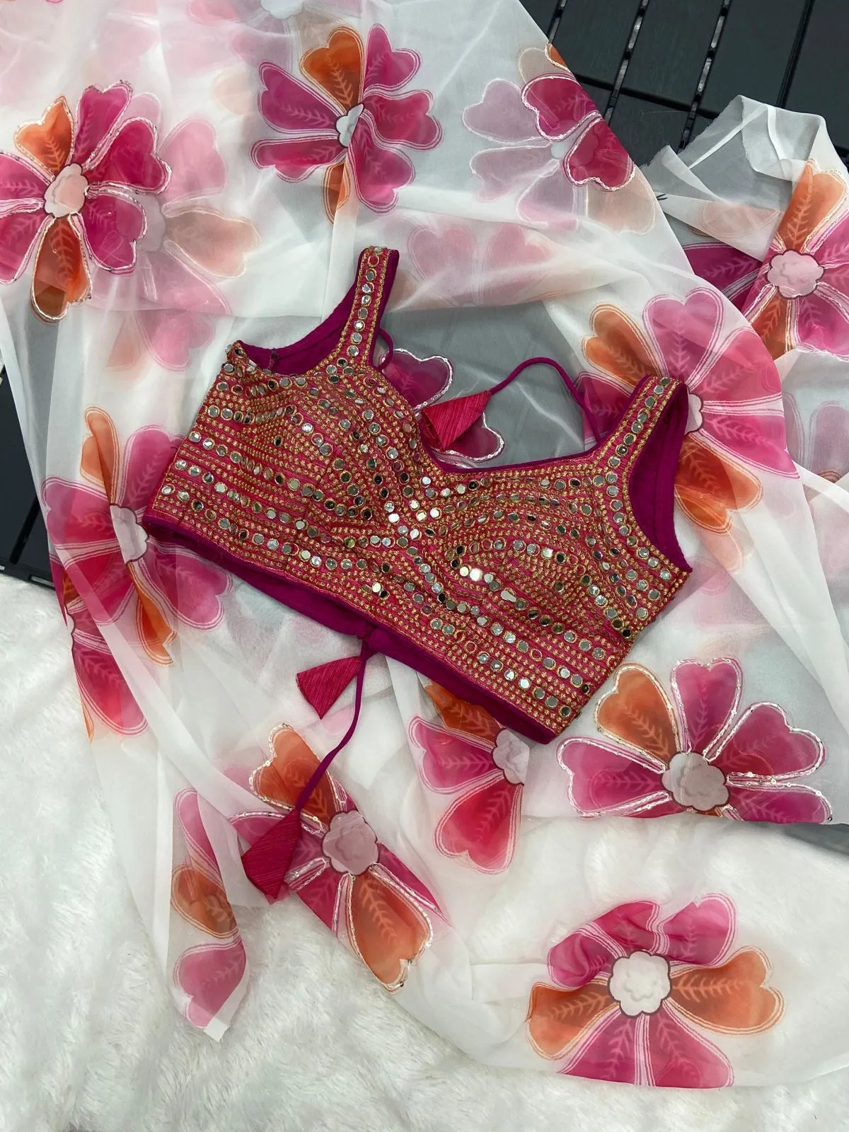 Beautiful Soft Georgette Digital Floral Printed With Sequins  Wrap in 1 minute saree & ornate mirror work blouse