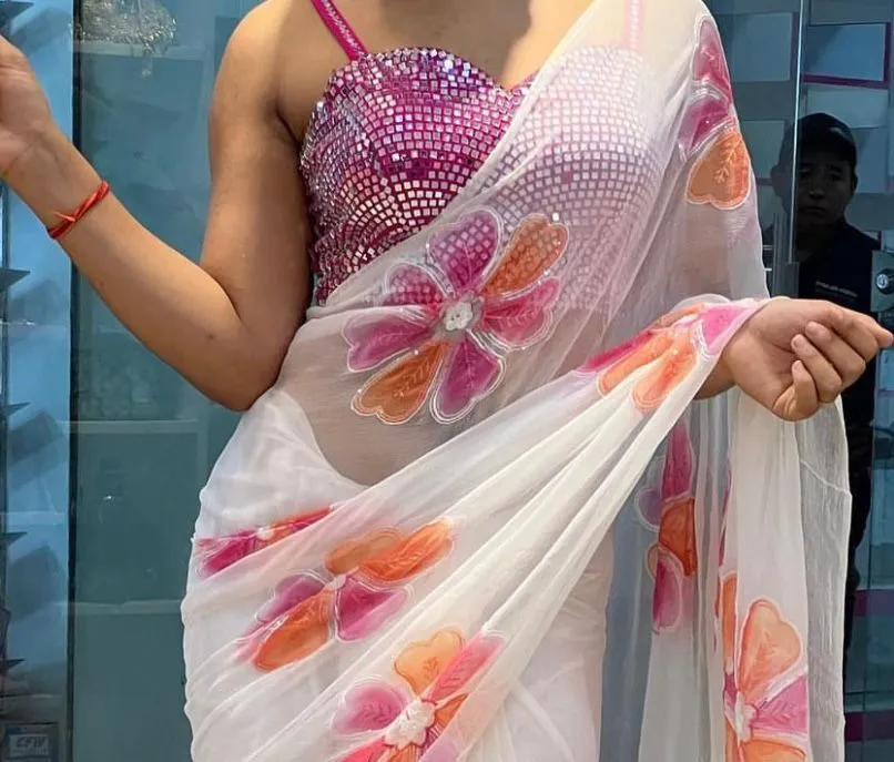 Beautiful Soft Georgette Digital Floral Printed With Sequins  Wrap in 1 minute saree & ornate mirror work blouse