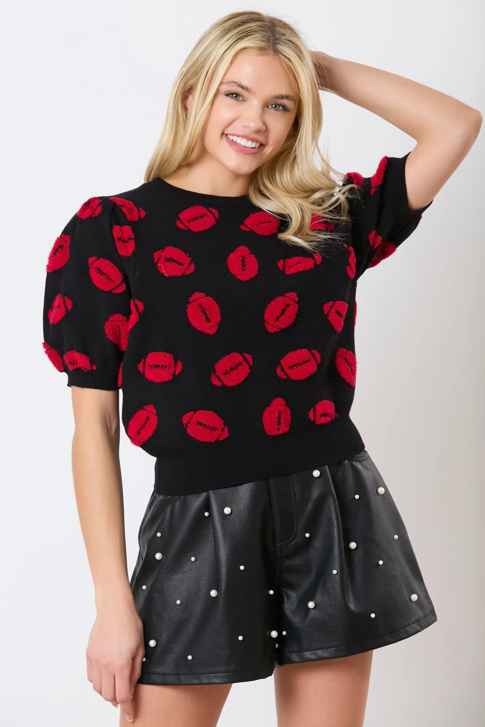Black and Red Football Embroidery Puff Sleeve Viscose Sweater