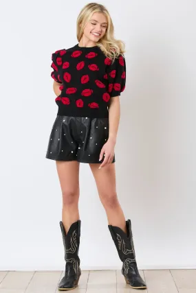 Black and Red Football Embroidery Puff Sleeve Viscose Sweater