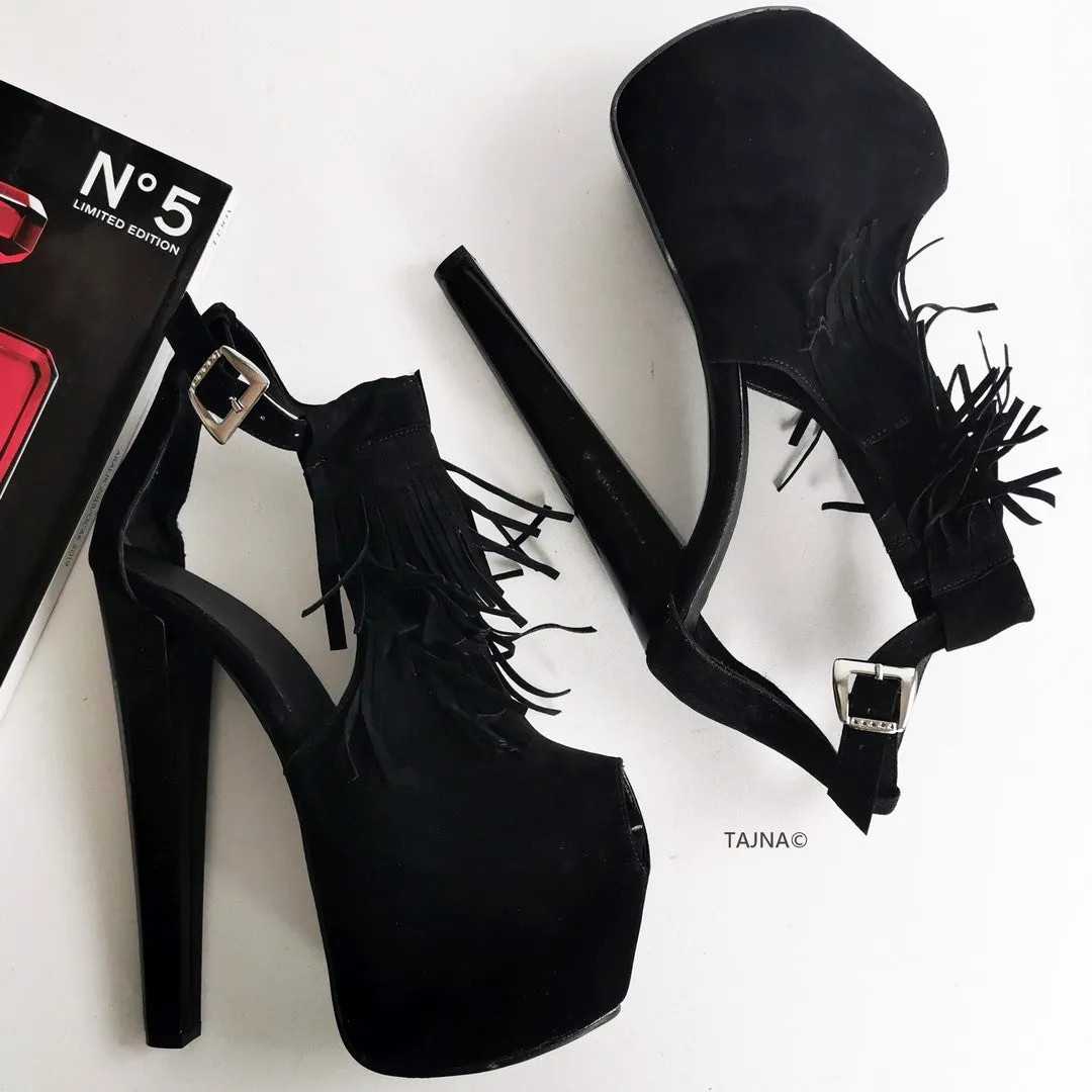 Black Suede Fringe Platform Heels