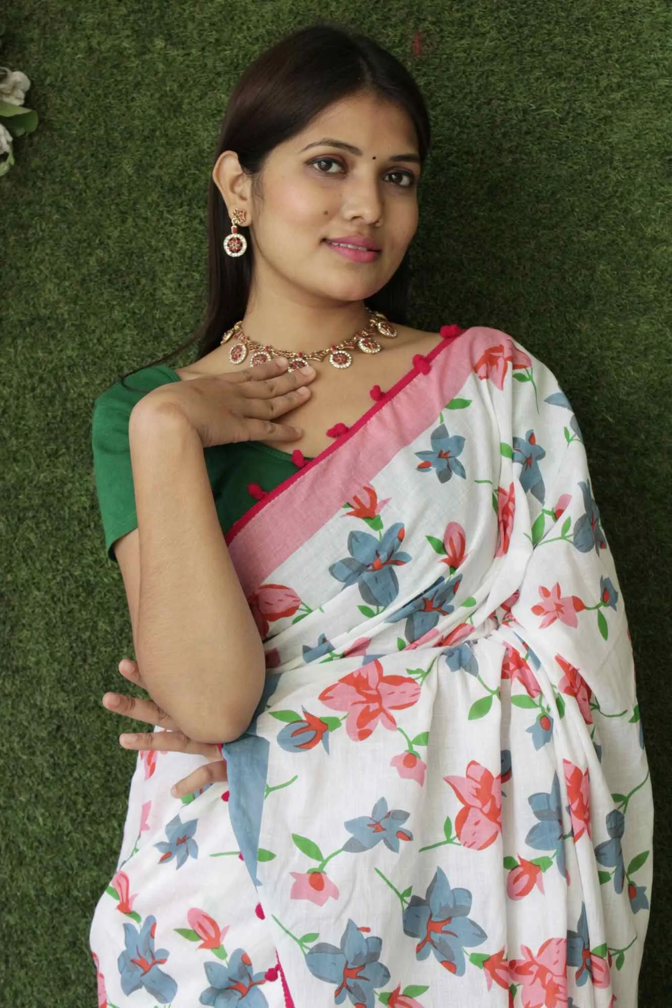 BLUE & PINK COTTON MUL MUL PRINTED WRAP IN 1 MINUTE SAREE WITH POMPOM