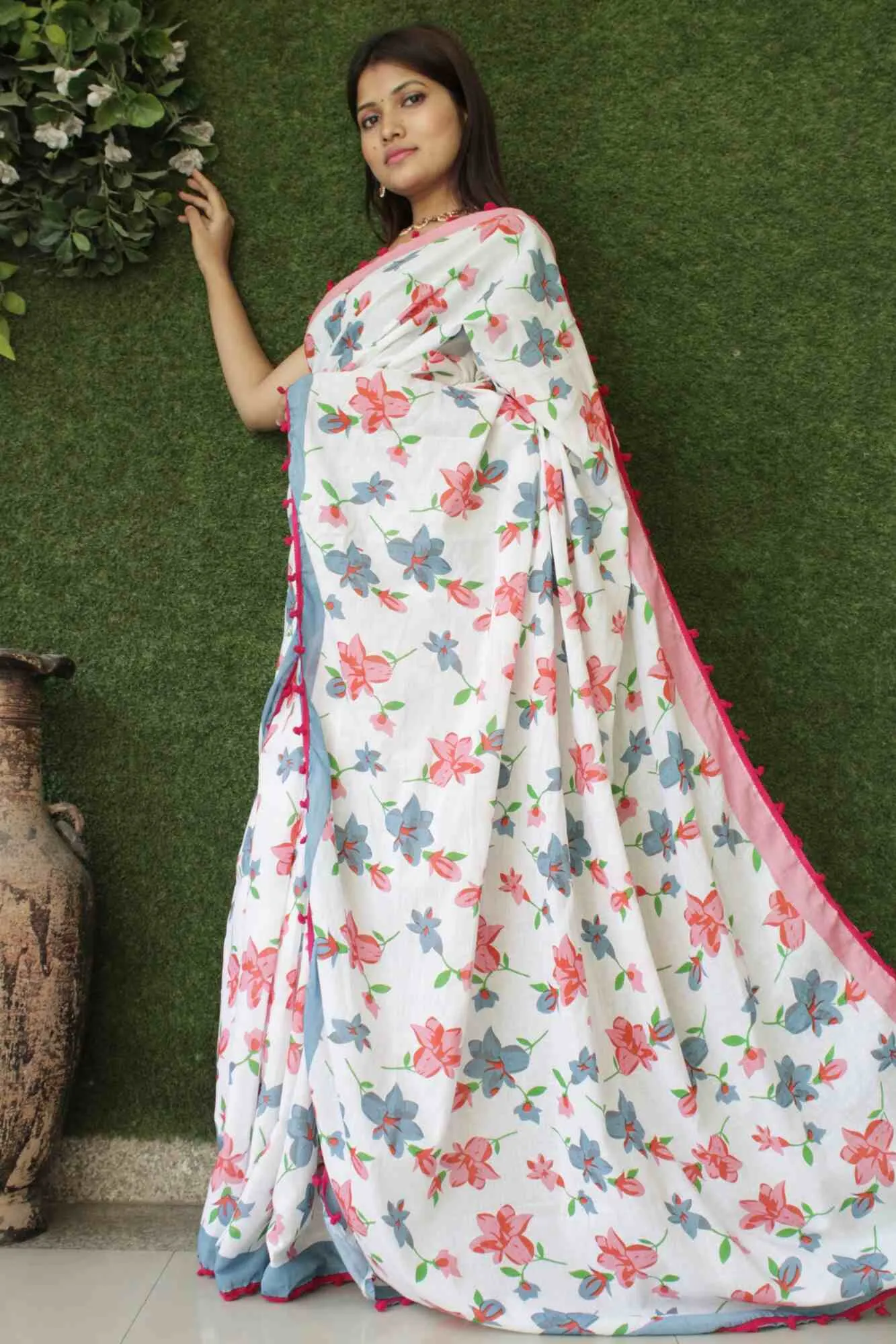 BLUE & PINK COTTON MUL MUL PRINTED WRAP IN 1 MINUTE SAREE WITH POMPOM