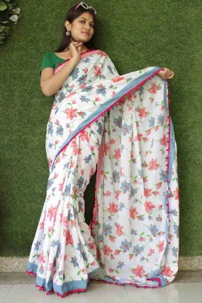 BLUE & PINK COTTON MUL MUL PRINTED WRAP IN 1 MINUTE SAREE WITH POMPOM
