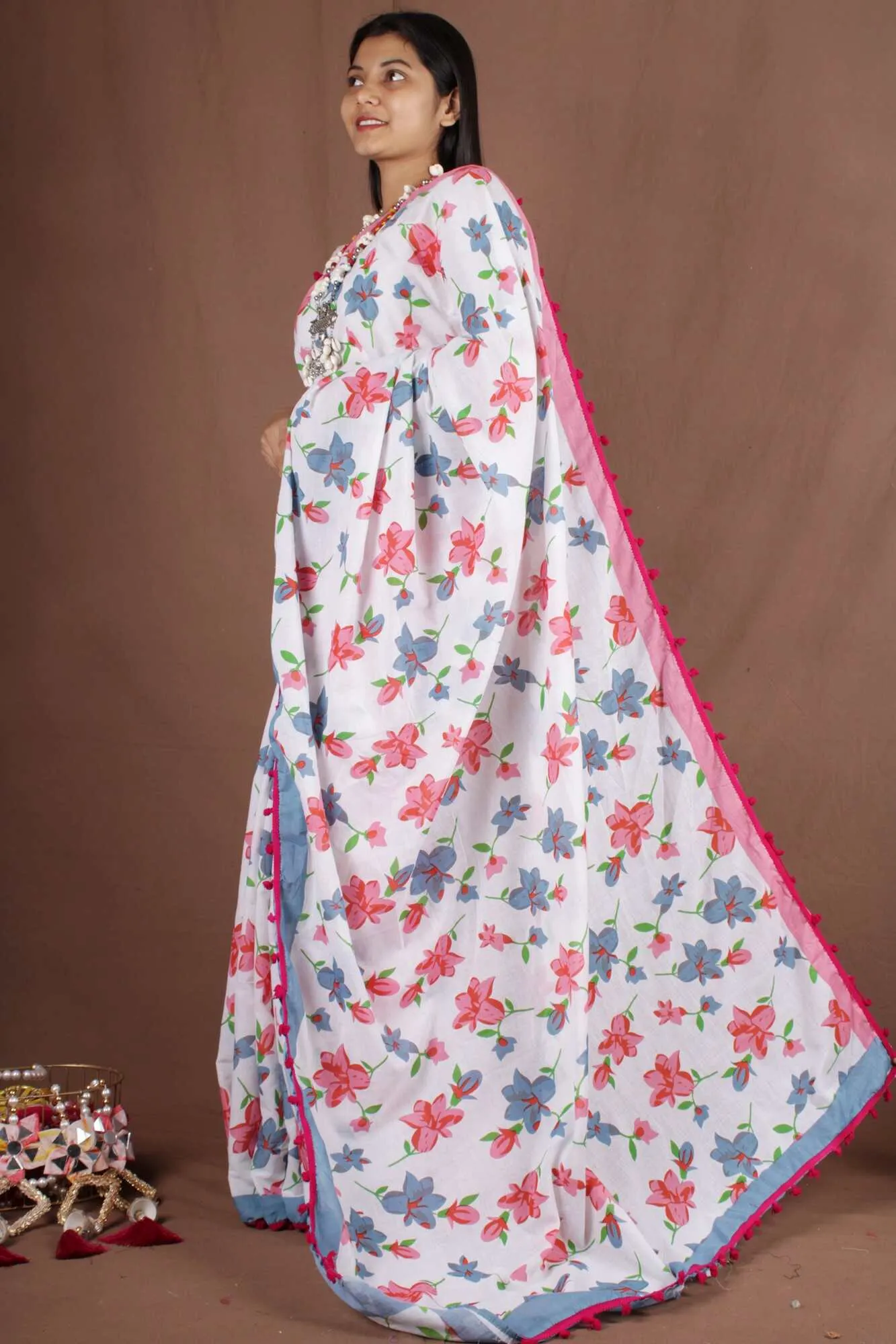 BLUE & PINK COTTON MUL MUL PRINTED WRAP IN 1 MINUTE SAREE WITH POMPOM