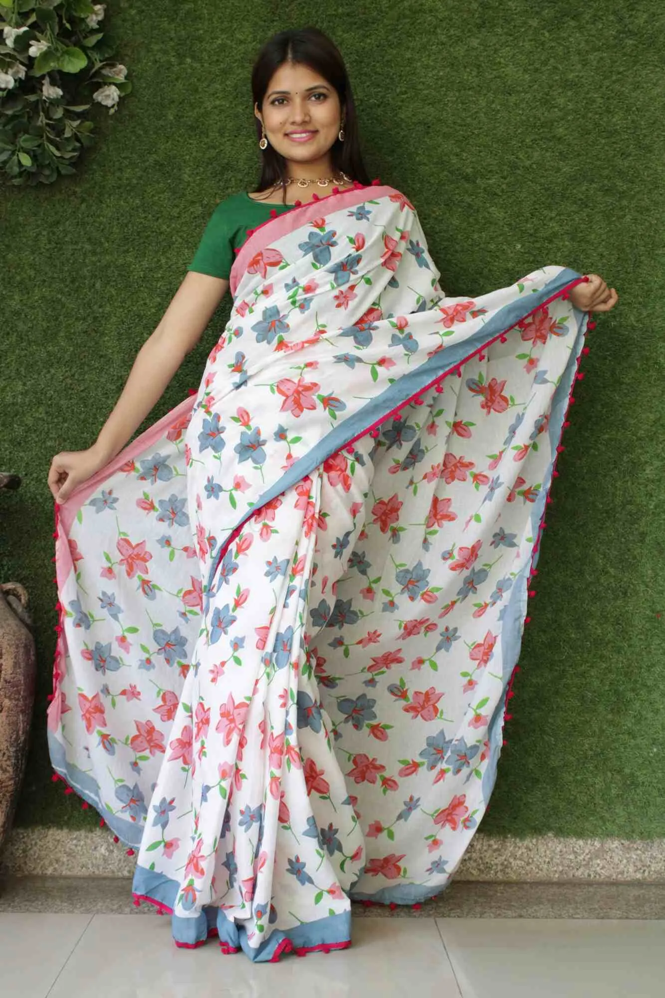 BLUE & PINK COTTON MUL MUL PRINTED WRAP IN 1 MINUTE SAREE WITH POMPOM
