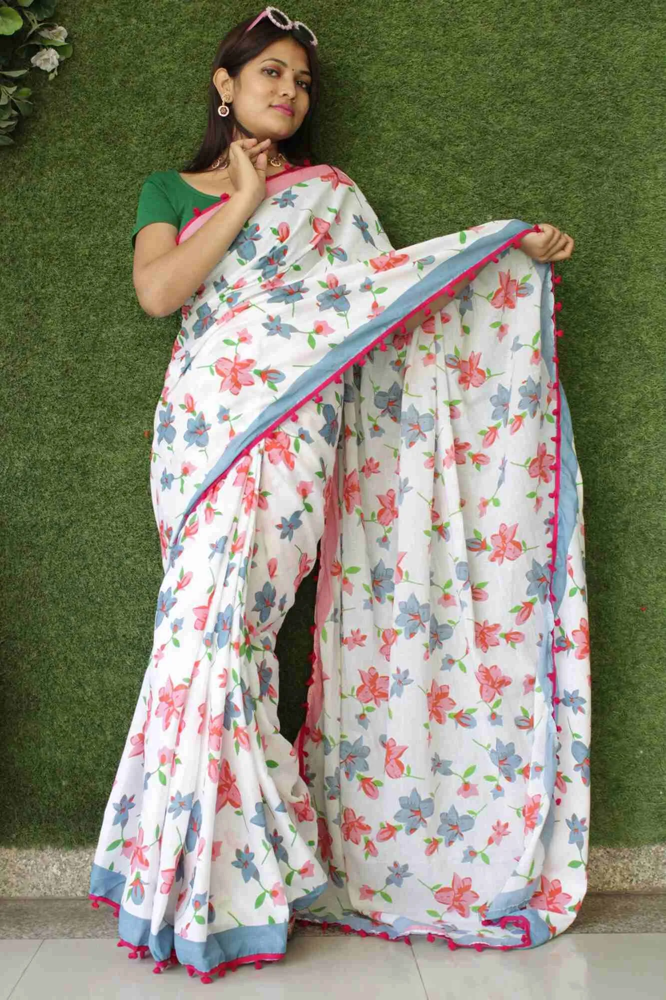 BLUE & PINK COTTON MUL MUL PRINTED WRAP IN 1 MINUTE SAREE WITH POMPOM