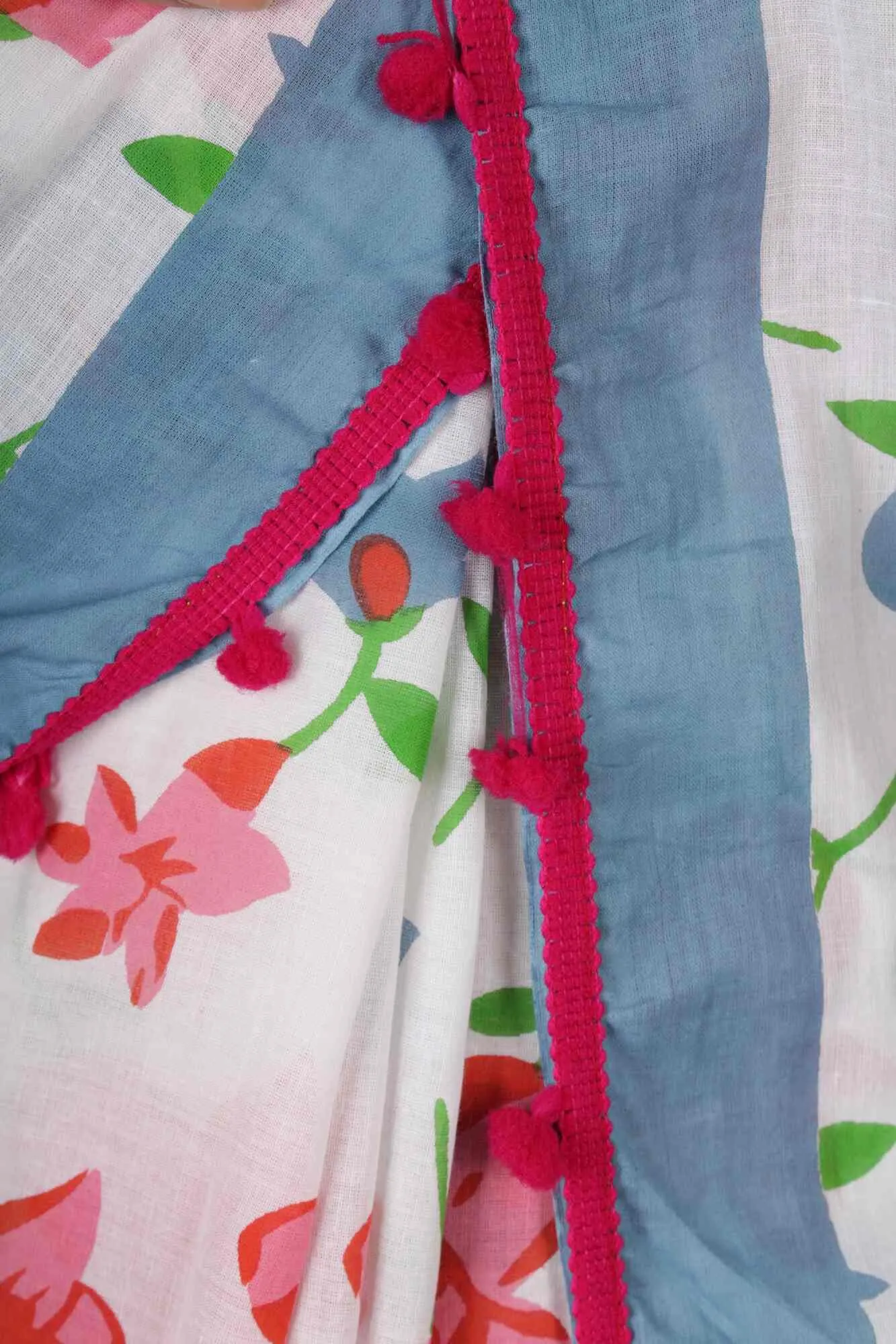 BLUE & PINK COTTON MUL MUL PRINTED WRAP IN 1 MINUTE SAREE WITH POMPOM