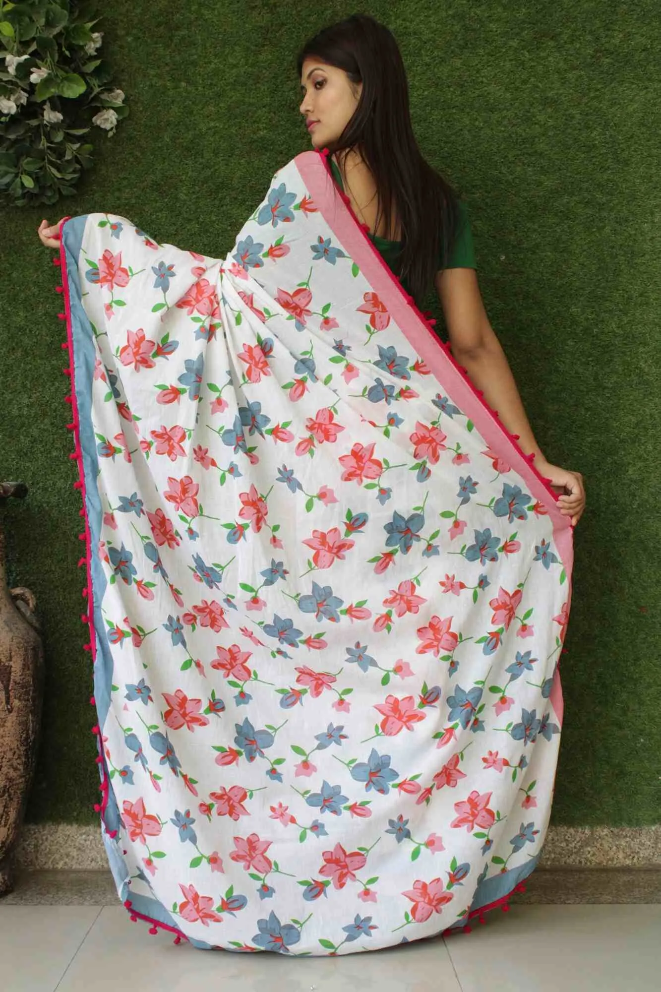 BLUE & PINK COTTON MUL MUL PRINTED WRAP IN 1 MINUTE SAREE WITH POMPOM