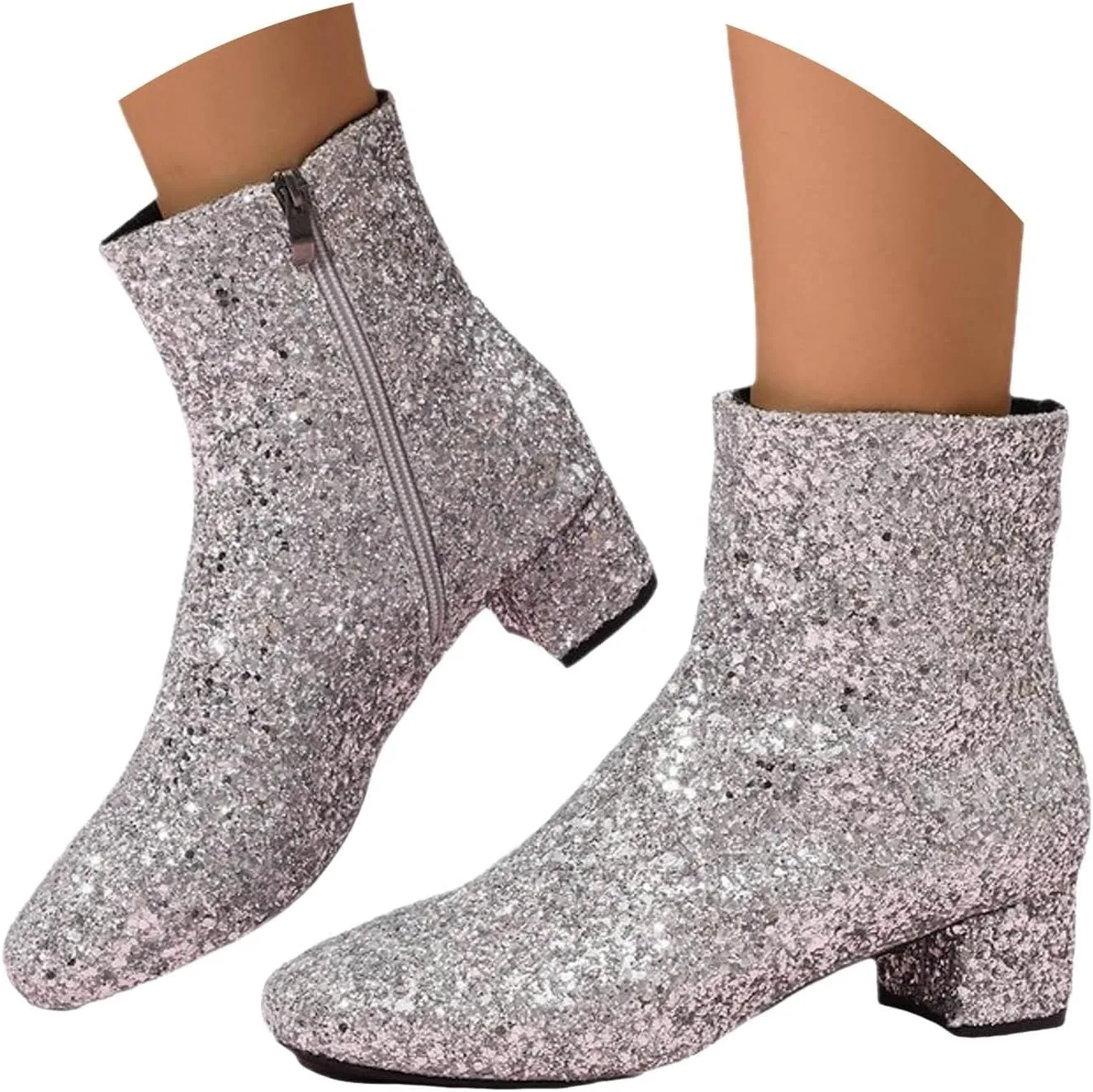 Boots for Women Shiny Sparkly Bling Ankle Boots Glitter Chunky Heel Pointy Toe Block Heel Short Booties with Side Zipper