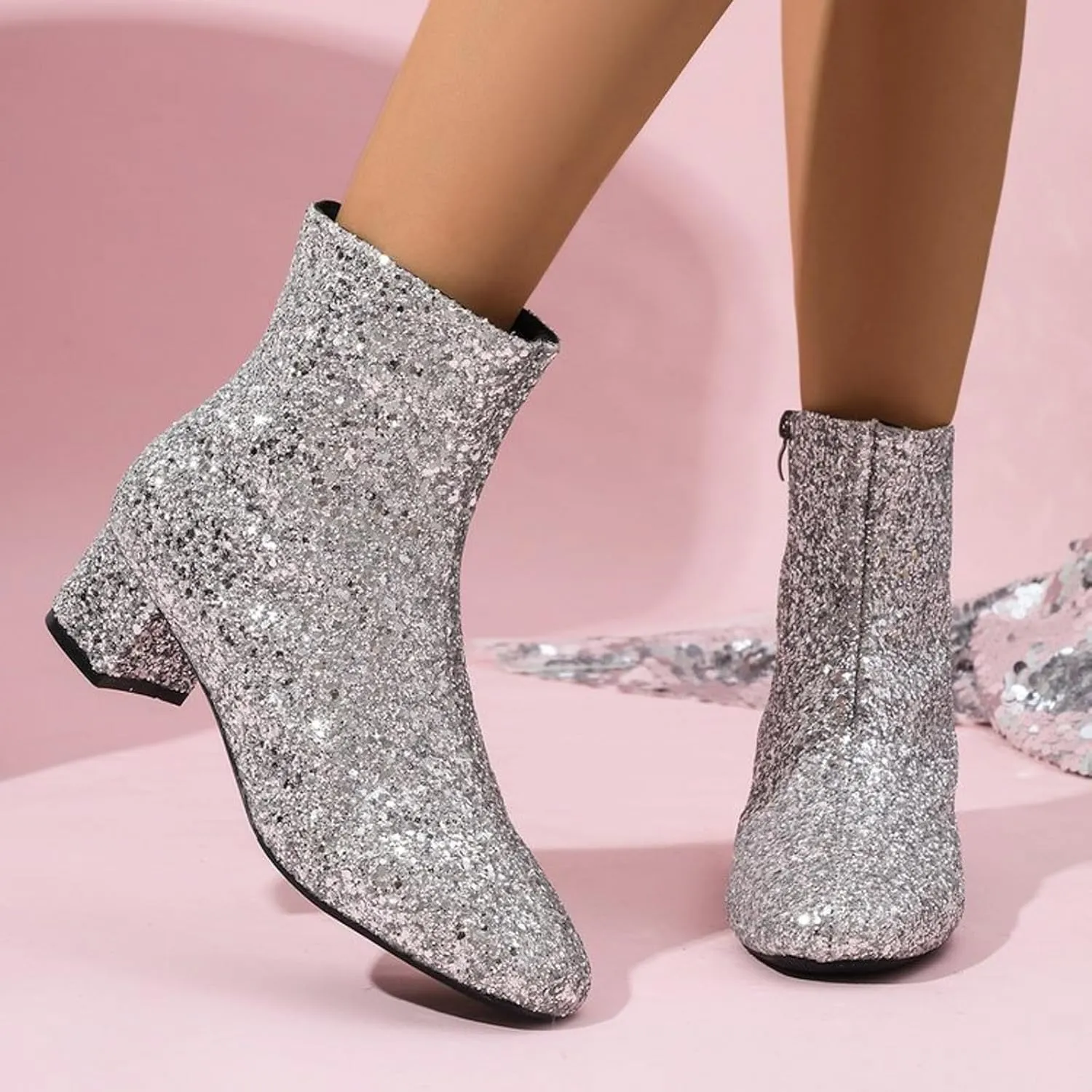 Boots for Women Shiny Sparkly Bling Ankle Boots Glitter Chunky Heel Pointy Toe Block Heel Short Booties with Side Zipper