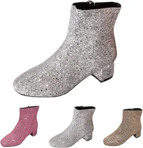 Boots for Women Shiny Sparkly Bling Ankle Boots Glitter Chunky Heel Pointy Toe Block Heel Short Booties with Side Zipper
