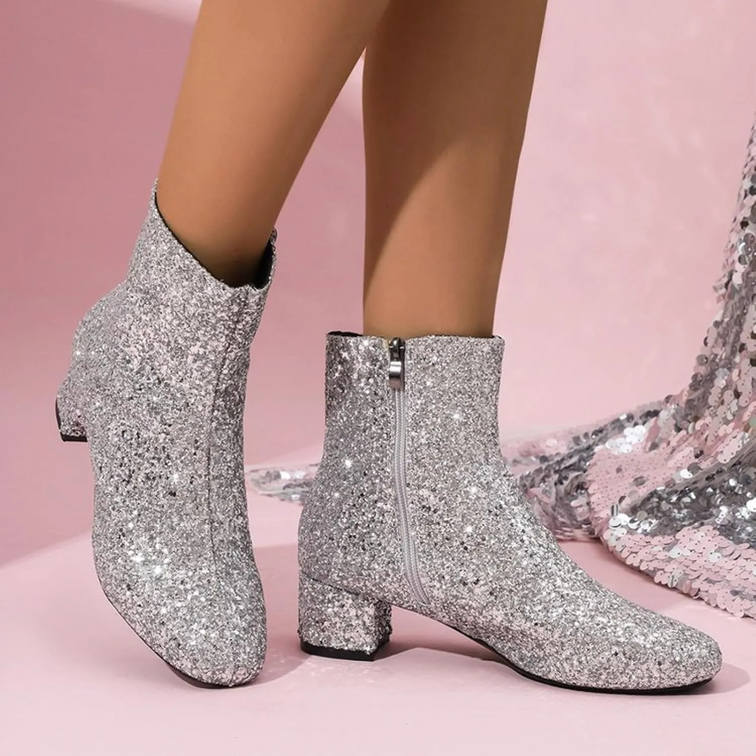 Boots for Women Shiny Sparkly Bling Ankle Boots Glitter Chunky Heel Pointy Toe Block Heel Short Booties with Side Zipper