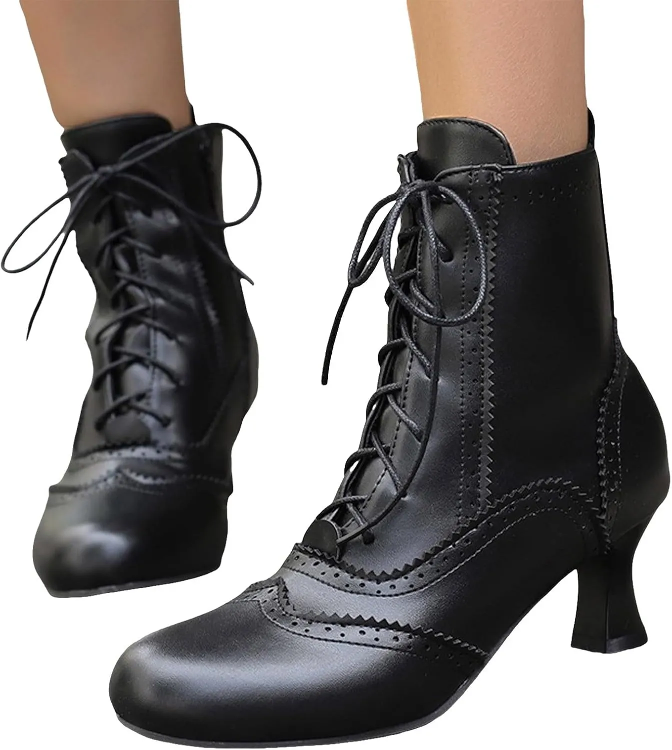Boots for Women Wide Calf,Vintage Lace Up Victorian Boots Western Kitten Heel Ankle Boots with Zip Party Dance Shoes