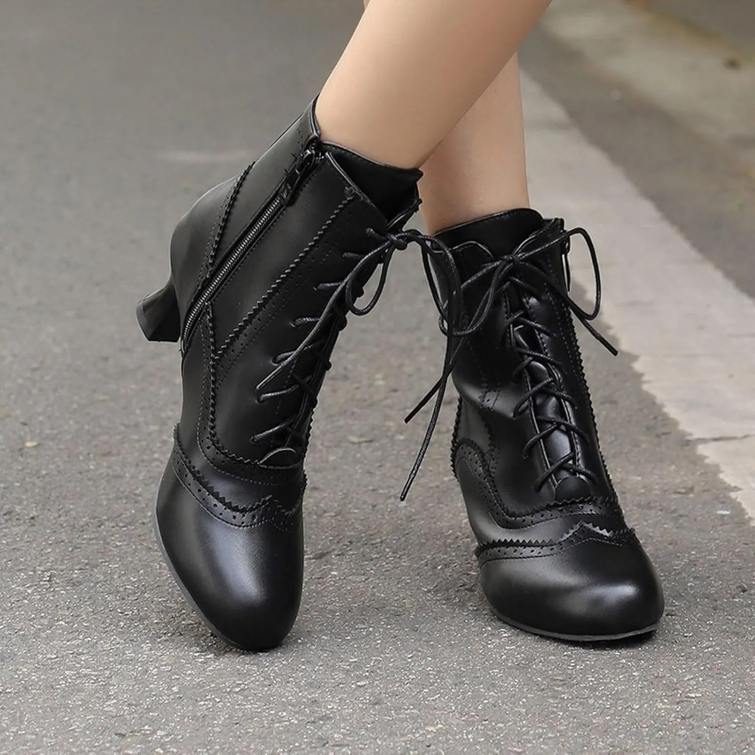 Boots for Women Wide Calf,Vintage Lace Up Victorian Boots Western Kitten Heel Ankle Boots with Zip Party Dance Shoes