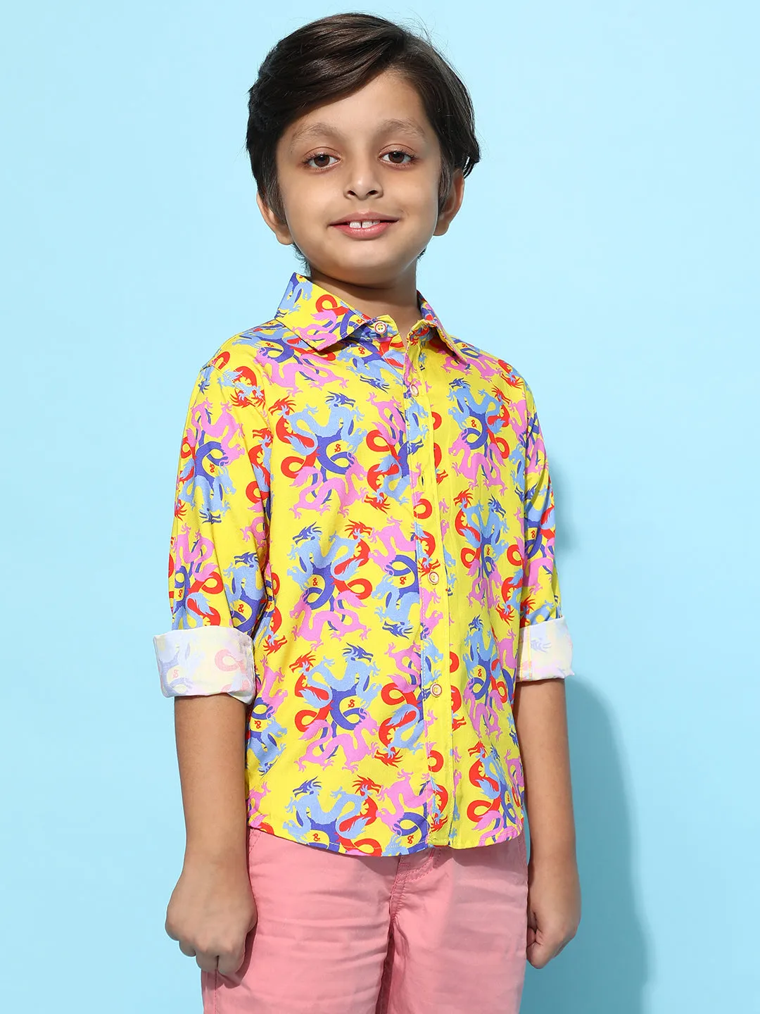 Boys Yellow Rayon Printed Regular Fit Shirt