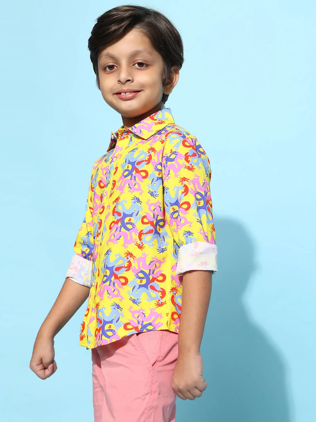 Boys Yellow Rayon Printed Regular Fit Shirt