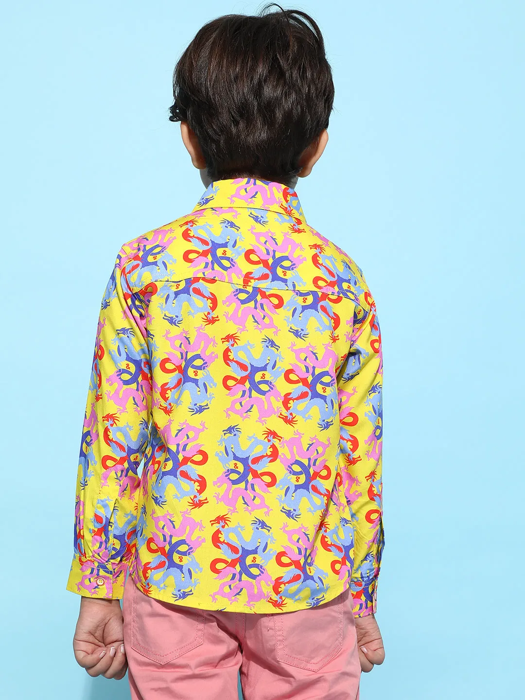 Boys Yellow Rayon Printed Regular Fit Shirt