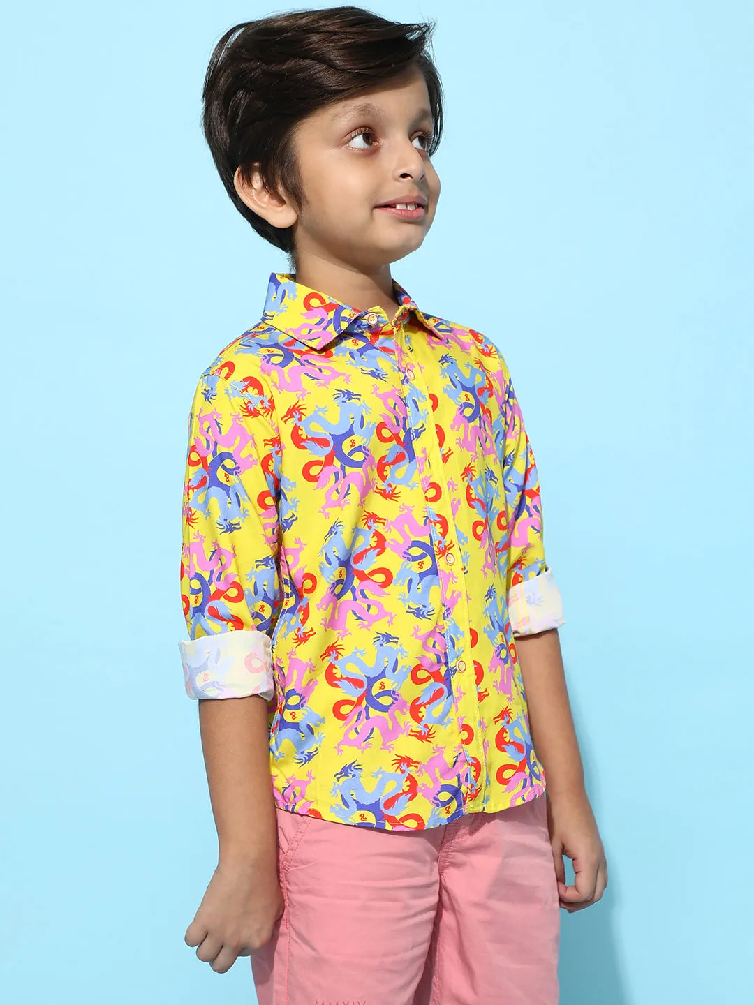Boys Yellow Rayon Printed Regular Fit Shirt