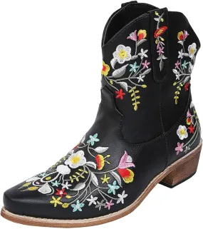 Cathalem Cowboy Boots for Women Flower Embroidered Ankle Cowgirl Boots Square Toe Western Boots Chunky Heel Short Boots