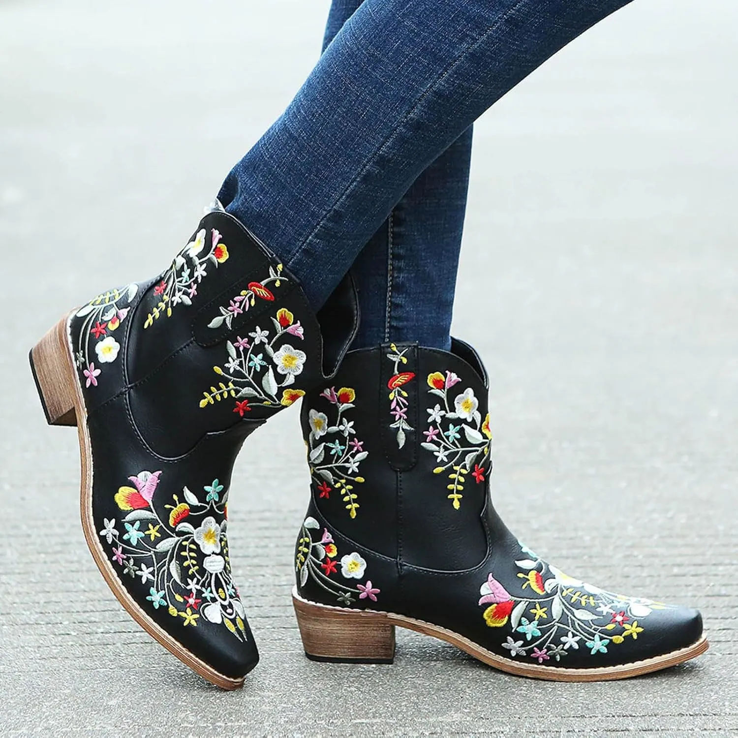 Cathalem Cowboy Boots for Women Flower Embroidered Ankle Cowgirl Boots Square Toe Western Boots Chunky Heel Short Boots