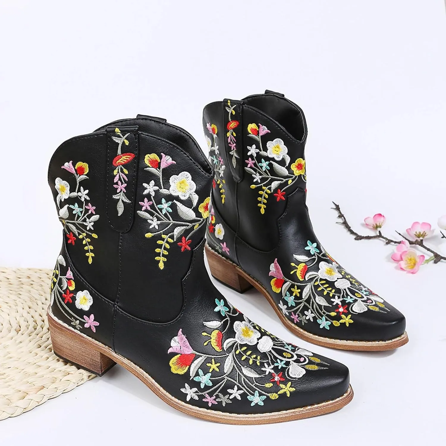 Cathalem Cowboy Boots for Women Flower Embroidered Ankle Cowgirl Boots Square Toe Western Boots Chunky Heel Short Boots