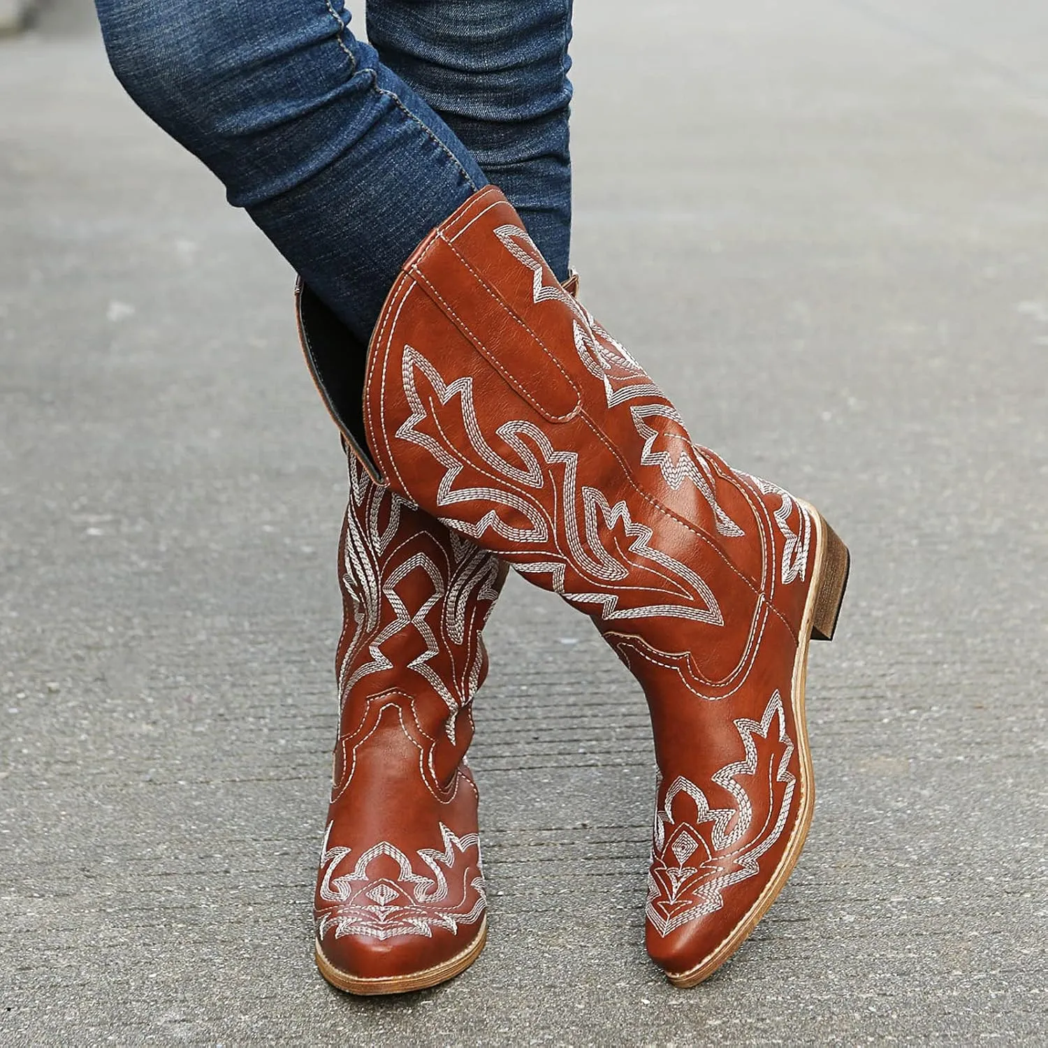 Cathalem Cowgirl Boots for Women Wide Calf Knee High Embroidered Western Cowboy Boots Pointed Toe Chunky Heel Boots