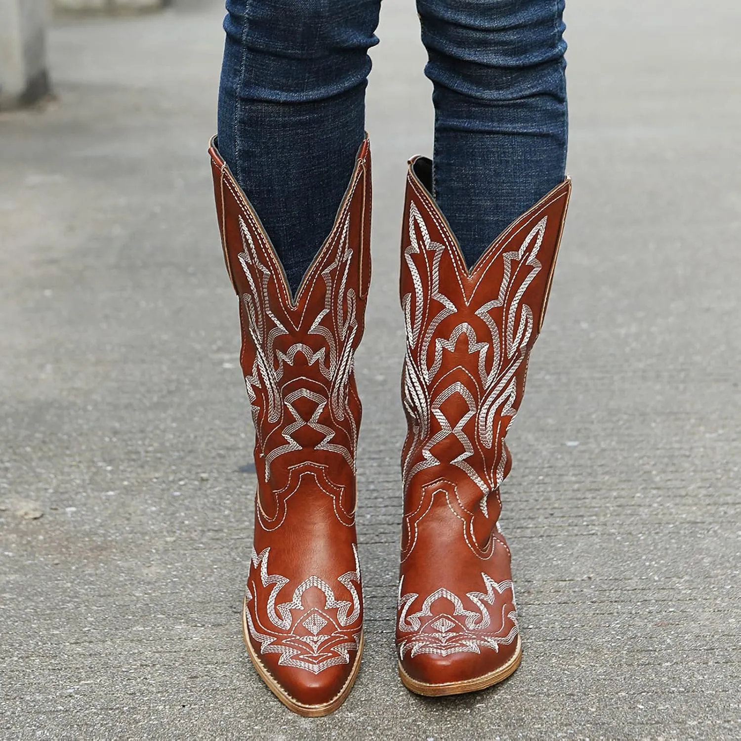 Cathalem Cowgirl Boots for Women Wide Calf Knee High Embroidered Western Cowboy Boots Pointed Toe Chunky Heel Boots