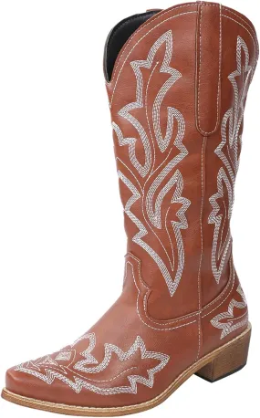Cathalem Cowgirl Boots for Women Wide Calf Knee High Embroidered Western Cowboy Boots Pointed Toe Chunky Heel Boots