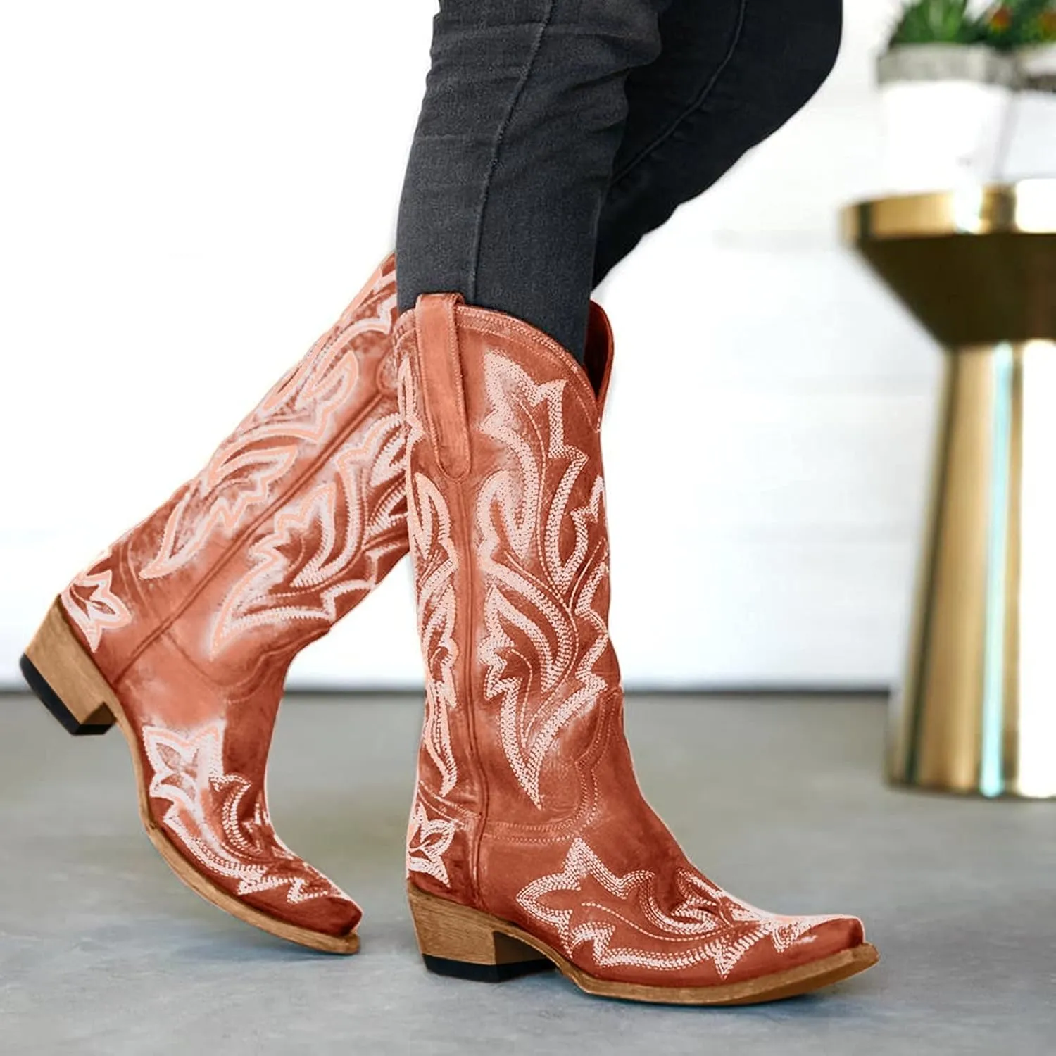 Cathalem Cowgirl Boots for Women Wide Calf Knee High Embroidered Western Cowboy Boots Pointed Toe Chunky Heel Boots