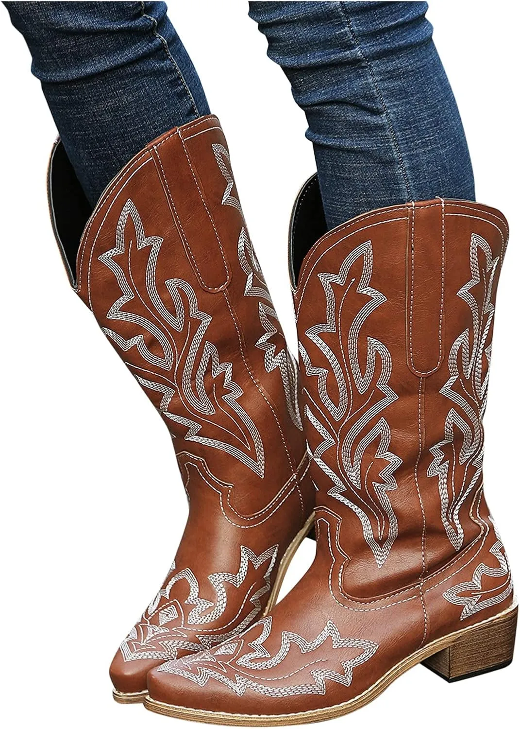 Cathalem Cowgirl Boots for Women Wide Calf Knee High Embroidered Western Cowboy Boots Pointed Toe Chunky Heel Boots
