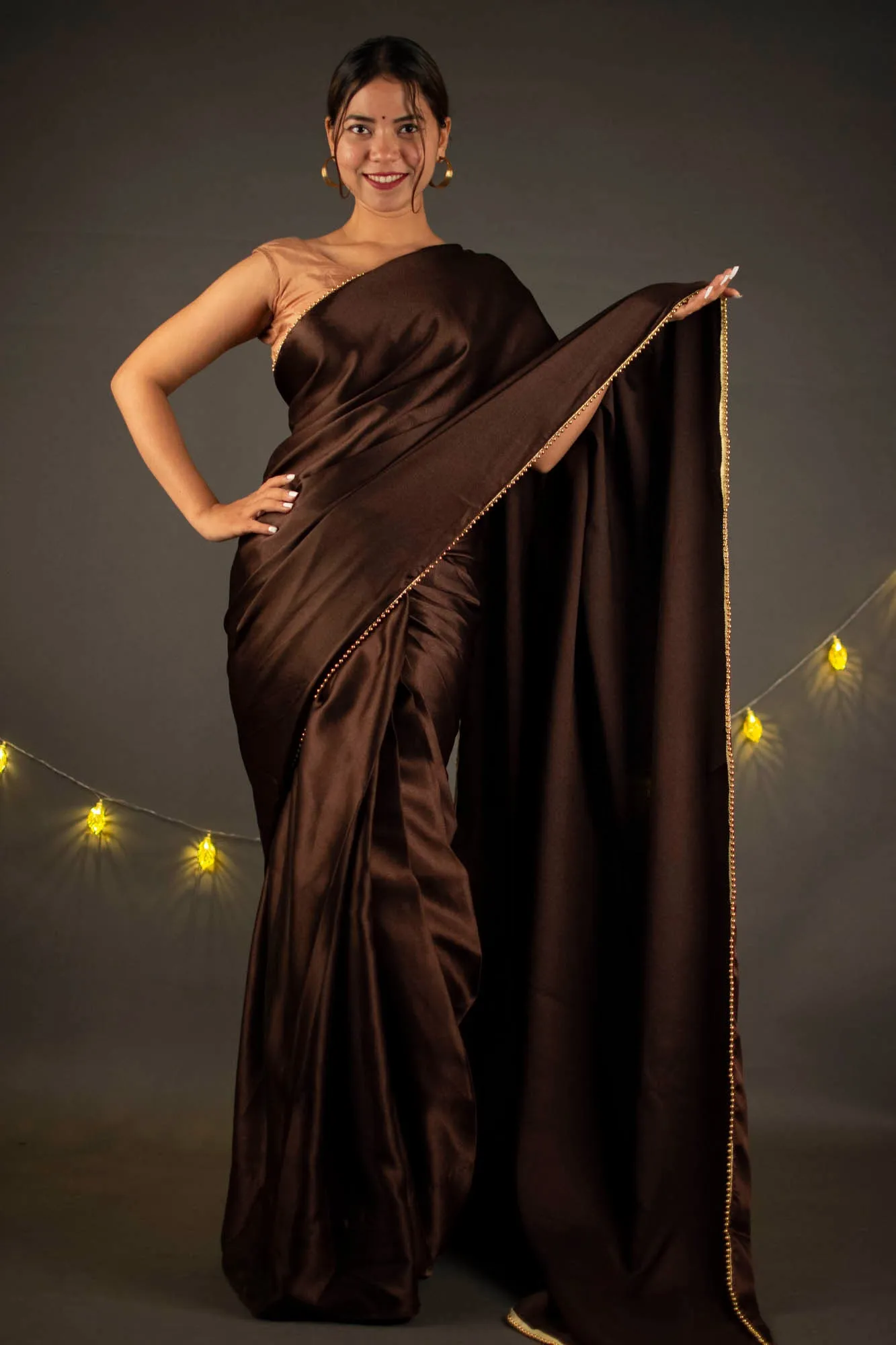 Chocolate brown satin wrap in 1 minute with moti lace