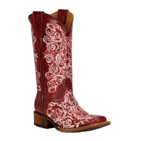 Corral Youth Embroidery Square Toe Red Floral Boots T0130