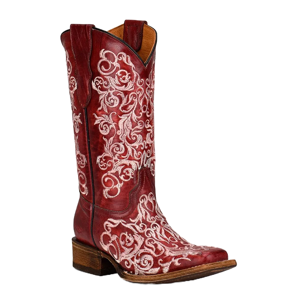 Corral Youth Embroidery Square Toe Red Floral Boots T0130