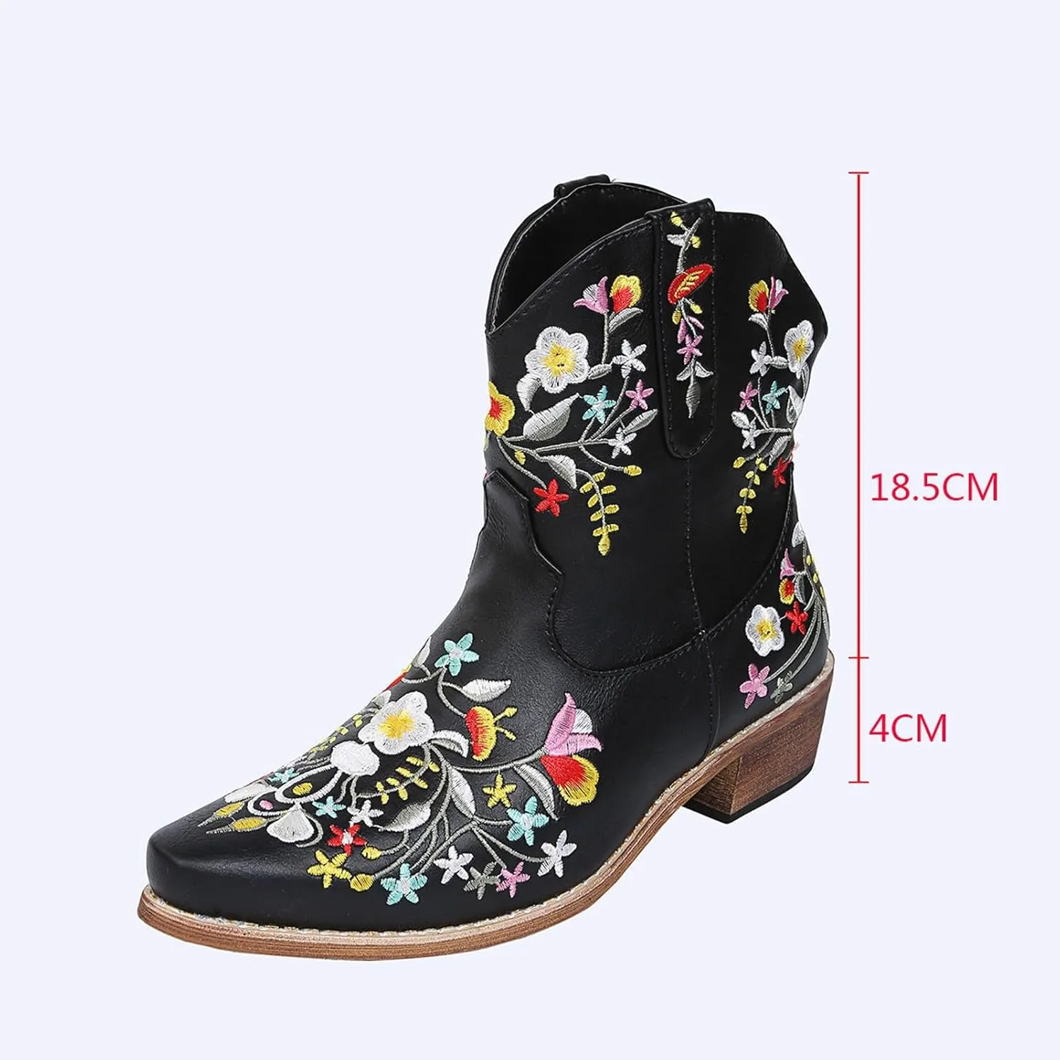 Cowboy Boots for Women Comfy Ankle Boots for Women Solid Color Leather Flower Embroidery Low Heel Pointed Toe Boots
