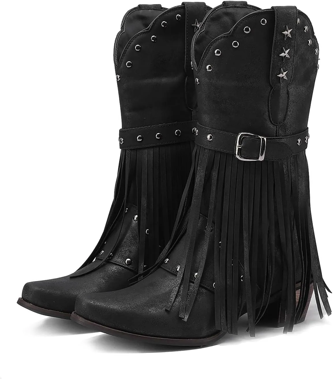 Cowboy Boots for Women Mid Calf Chunky Heel Cowgirl Booties Western Pointed Toe Low Chunky Heel Tassel Women Boot