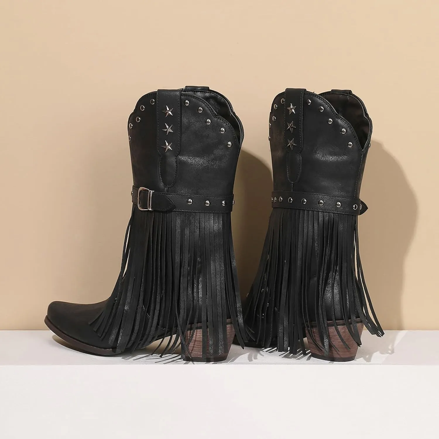 Cowboy Boots for Women Mid Calf Chunky Heel Cowgirl Booties Western Pointed Toe Low Chunky Heel Tassel Women Boot