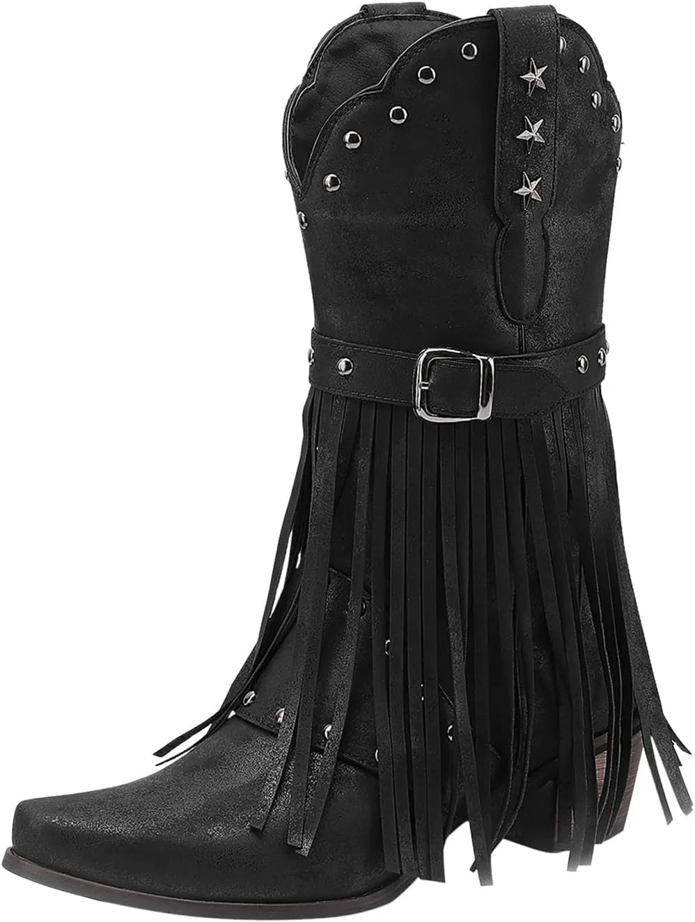 Cowboy Boots for Women Mid Calf Chunky Heel Cowgirl Booties Western Pointed Toe Low Chunky Heel Tassel Women Boot